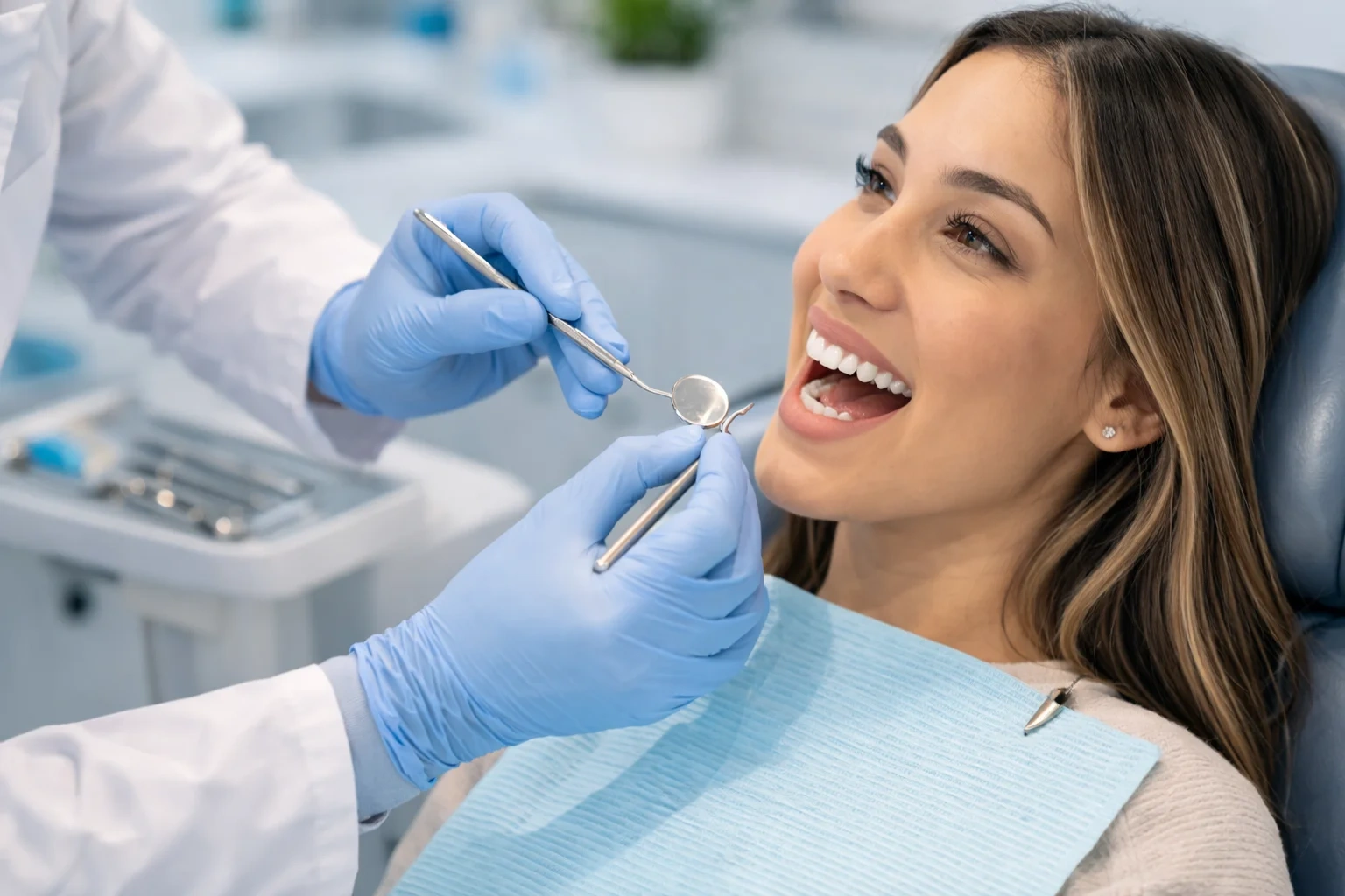 Dental examination in progress with smiling patient.