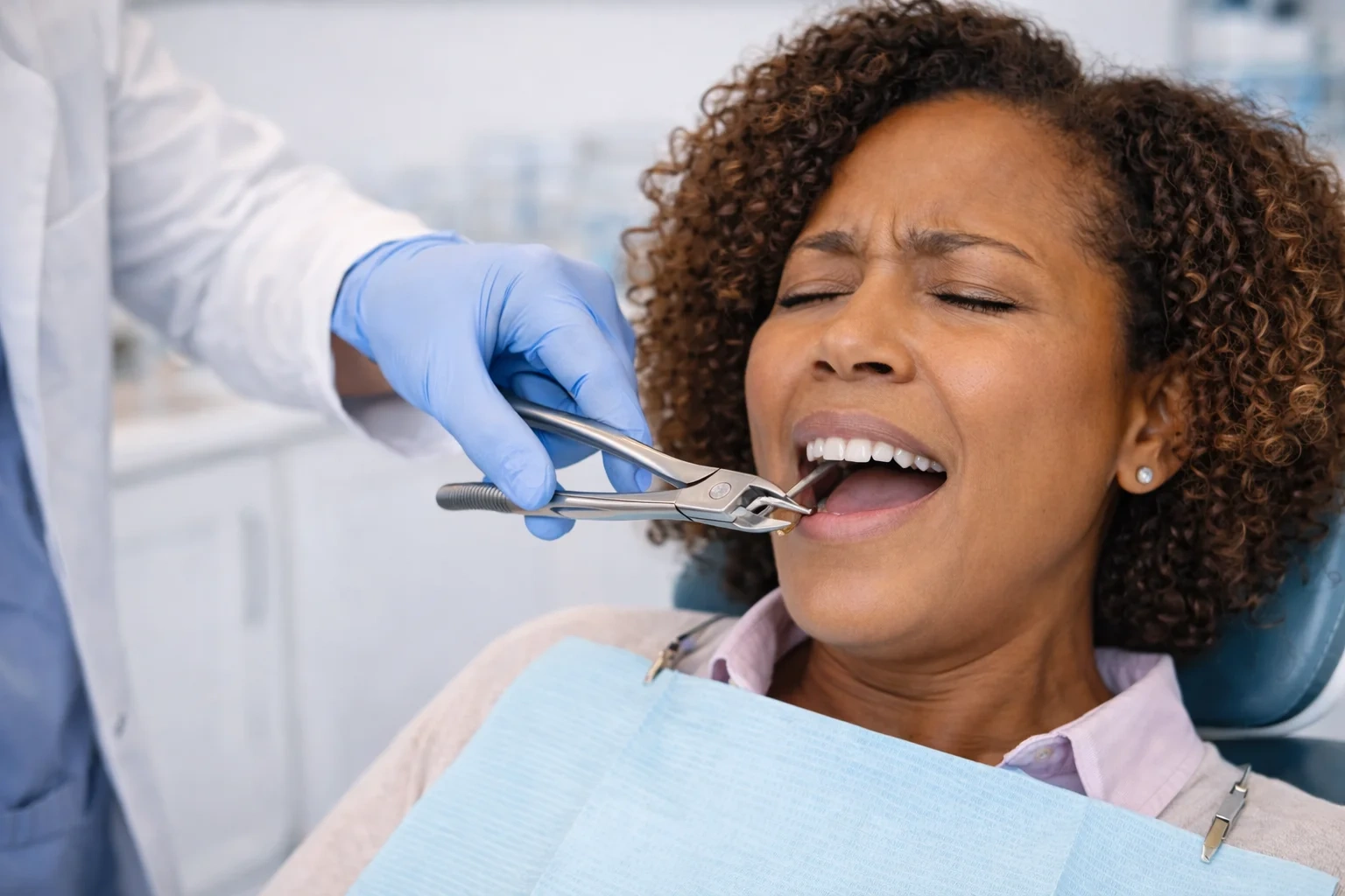 Dentist extracting a tooth from a patient